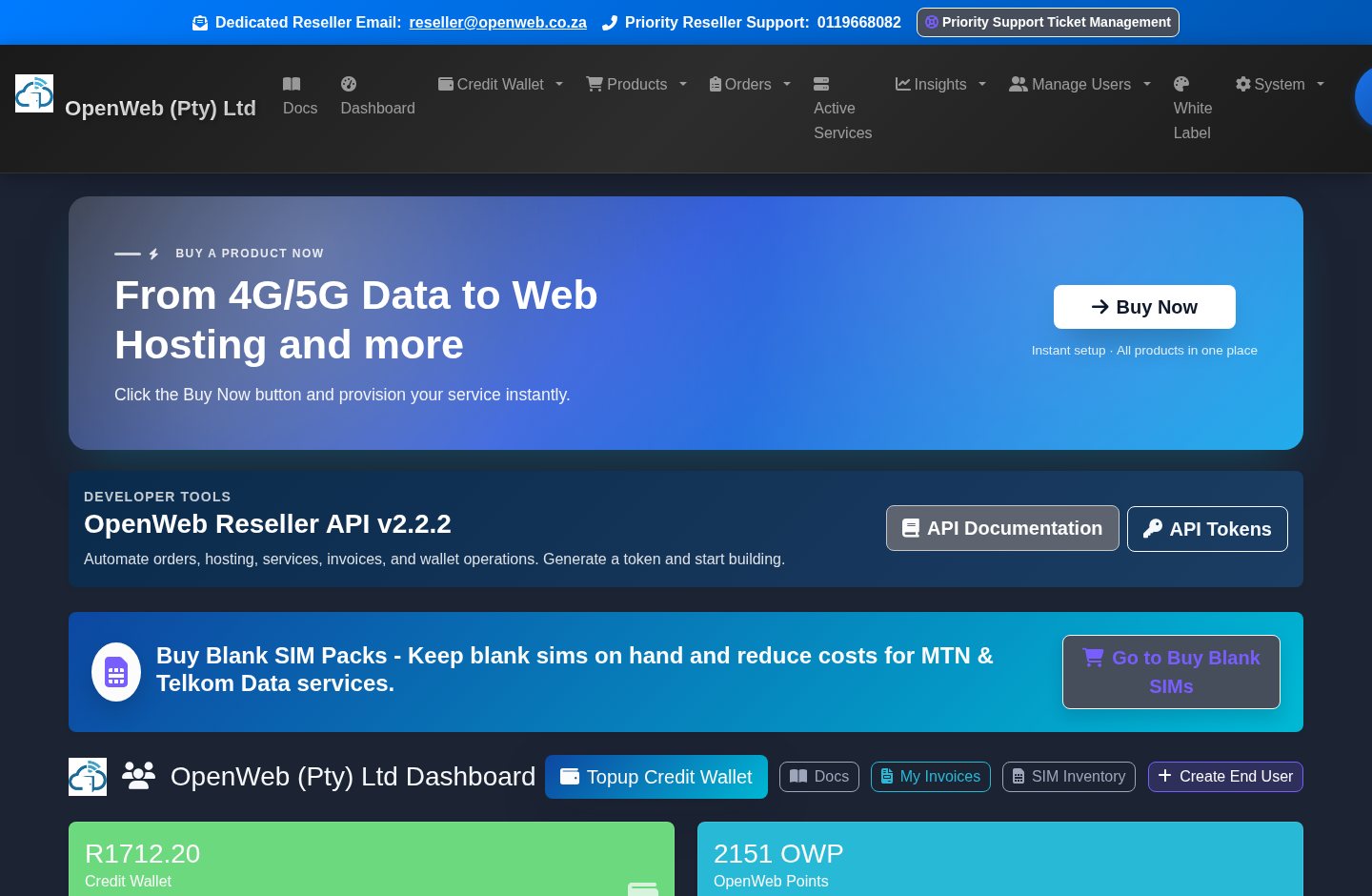 Live OpenWeb reseller panel screenshot: Reseller dashboard